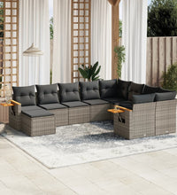 10-tlg. Garten-Sofagarnitur mit Kissen Grau Poly Rattan