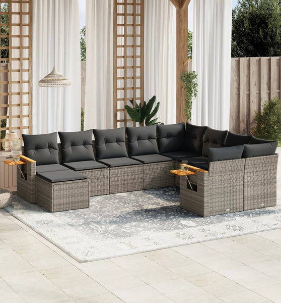 10-tlg. Garten-Sofagarnitur mit Kissen Grau Poly Rattan