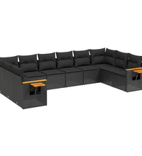 10-tlg. Garten-Sofagarnitur mit Kissen Schwarz Poly Rattan