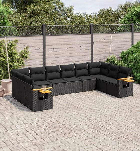 10-tlg. Garten-Sofagarnitur mit Kissen Schwarz Poly Rattan