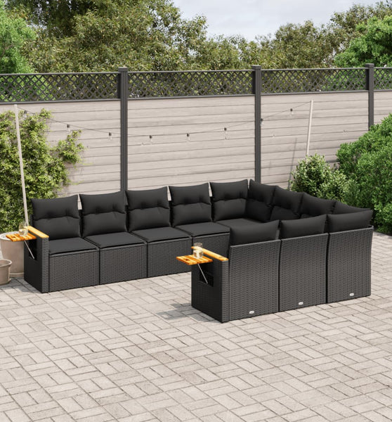 10-tlg. Garten-Sofagarnitur mit Kissen Schwarz Poly Rattan