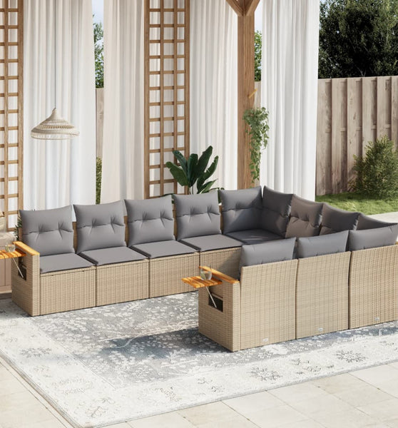 10-tlg. Garten-Sofagarnitur mit Kissen Beige Poly Rattan