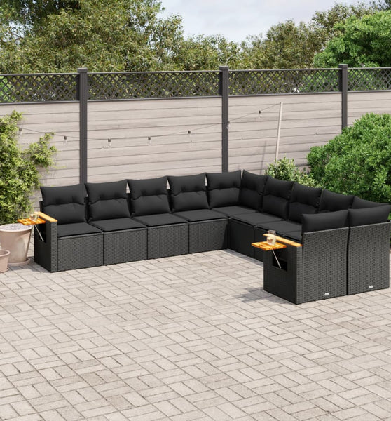 10-tlg. Garten-Sofagarnitur mit Kissen Schwarz Poly Rattan