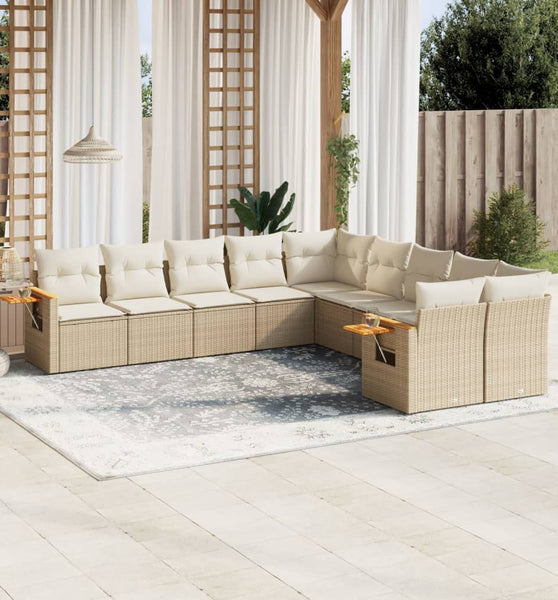 10-tlg. Garten-Sofagarnitur mit Kissen Beige Poly Rattan