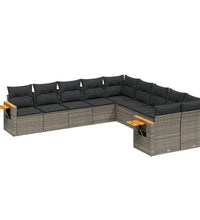 10-tlg. Garten-Sofagarnitur mit Kissen Grau Poly Rattan