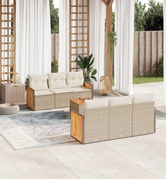 7-tlg. Garten-Sofagarnitur mit Kissen Beige Poly Rattan