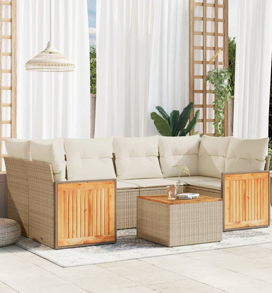 7-tlg. Garten-Sofagarnitur mit Kissen Beige Poly Rattan