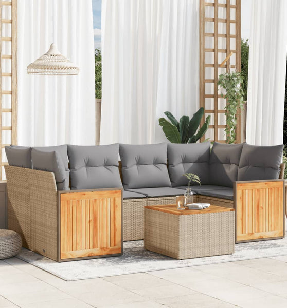 7-tlg. Garten-Sofagarnitur mit Kissen Beige Poly Rattan