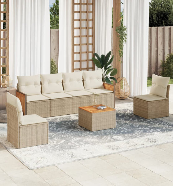 7-tlg. Garten-Sofagarnitur mit Kissen Beige Poly Rattan