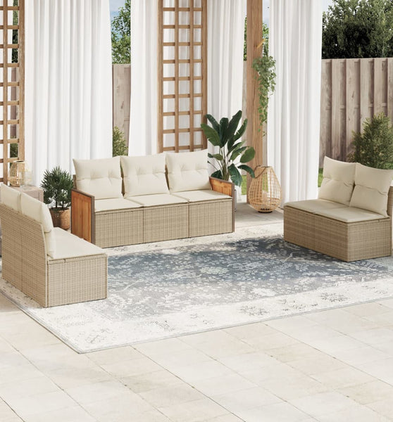 7-tlg. Garten-Sofagarnitur mit Kissen Beige Poly Rattan