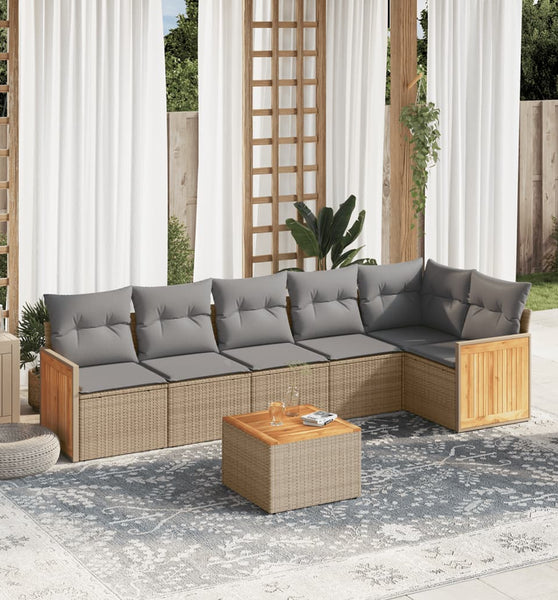 7-tlg. Garten-Sofagarnitur mit Kissen Beige Poly Rattan