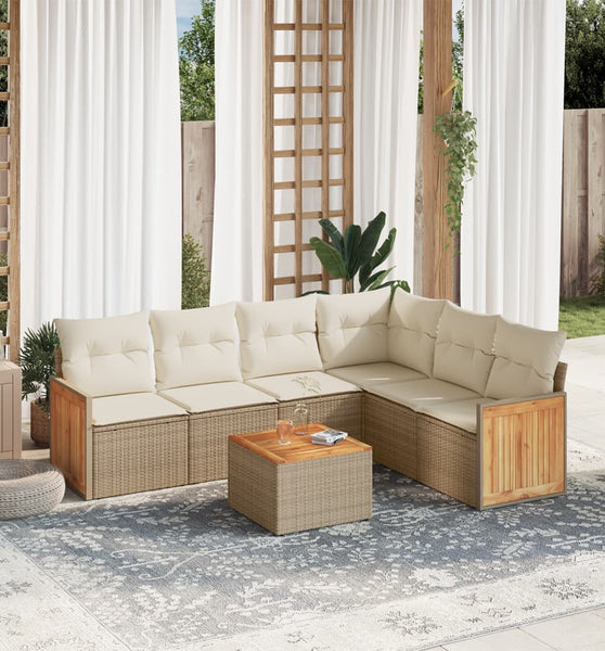 7-tlg. Garten-Sofagarnitur mit Kissen Beige Poly Rattan