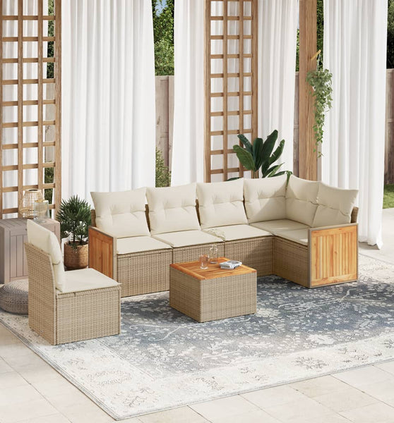 7-tlg. Garten-Sofagarnitur mit Kissen Beige Poly Rattan