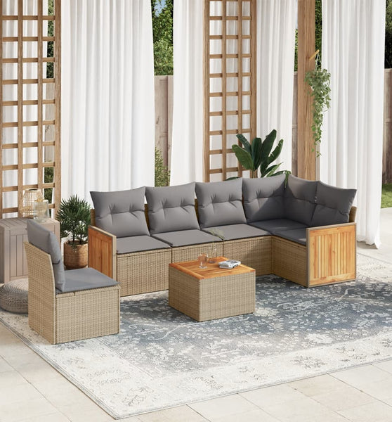 7-tlg. Garten-Sofagarnitur mit Kissen Beige Poly Rattan