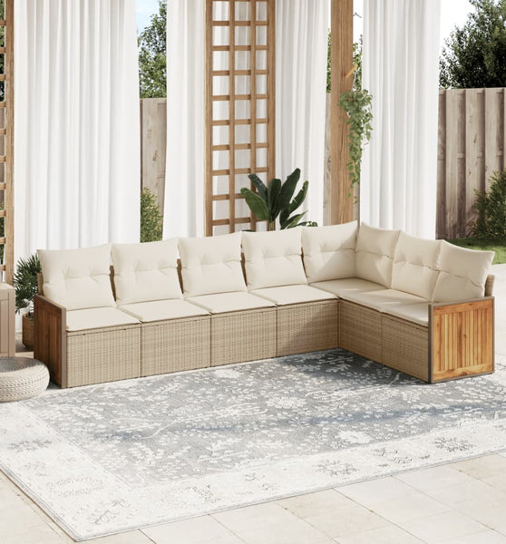 7-tlg. Garten-Sofagarnitur mit Kissen Beige Poly Rattan