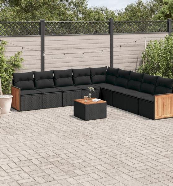 10-tlg. Garten-Sofagarnitur mit Kissen Schwarz Poly Rattan