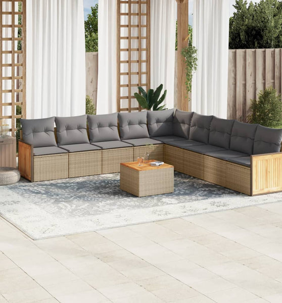 10-tlg. Garten-Sofagarnitur mit Kissen Beige Poly Rattan