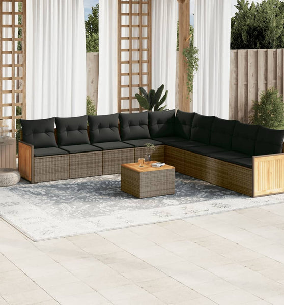 10-tlg. Garten-Sofagarnitur mit Kissen Grau Poly Rattan