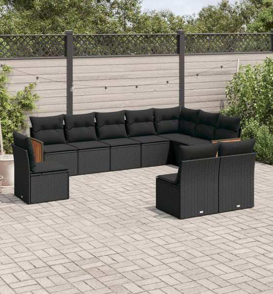 10-tlg. Garten-Sofagarnitur mit Kissen Schwarz Poly Rattan