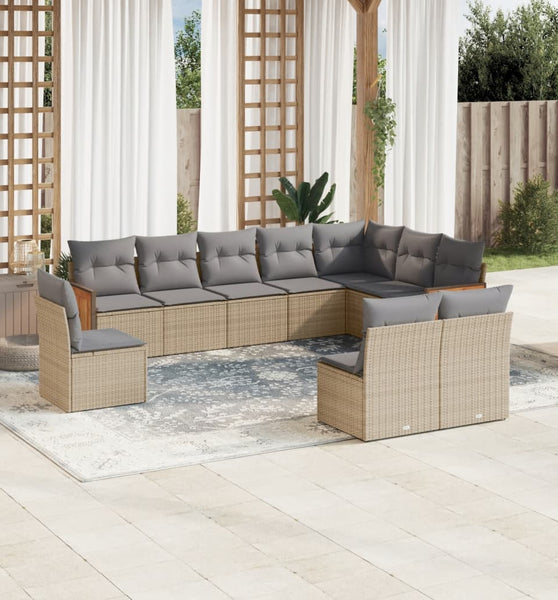 10-tlg. Garten-Sofagarnitur mit Kissen Beige Poly Rattan