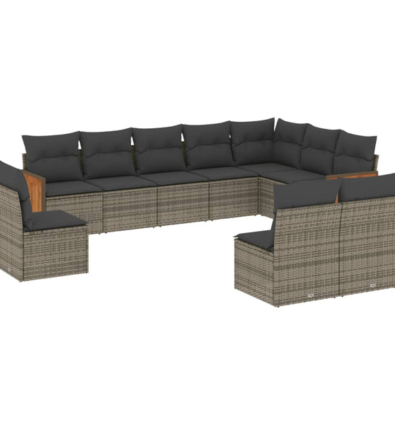 10-tlg. Garten-Sofagarnitur mit Kissen Grau Poly Rattan
