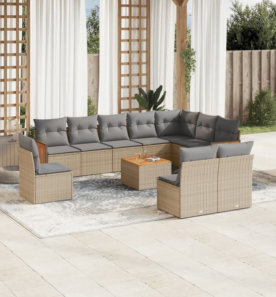 11-tlg. Garten-Sofagarnitur mit Kissen Beige Poly Rattan