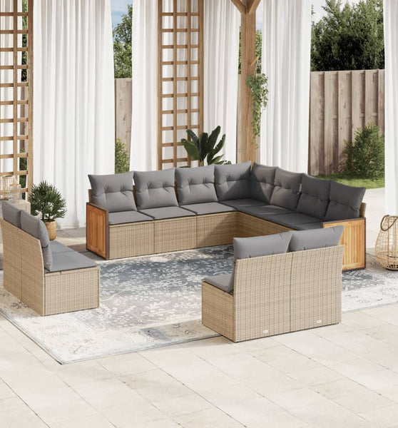 11-tlg. Garten-Sofagarnitur mit Kissen Beige Poly Rattan
