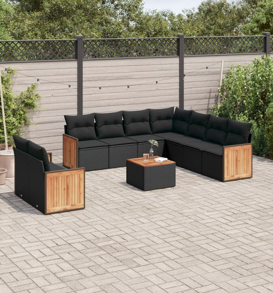 10-tlg. Garten-Sofagarnitur mit Kissen Schwarz Poly Rattan