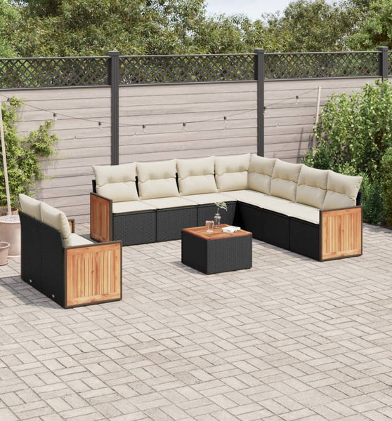 10-tlg. Garten-Sofagarnitur mit Kissen Schwarz Poly Rattan