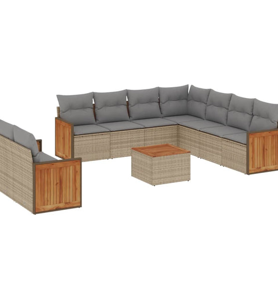 10-tlg. Garten-Sofagarnitur mit Kissen Beige Poly Rattan