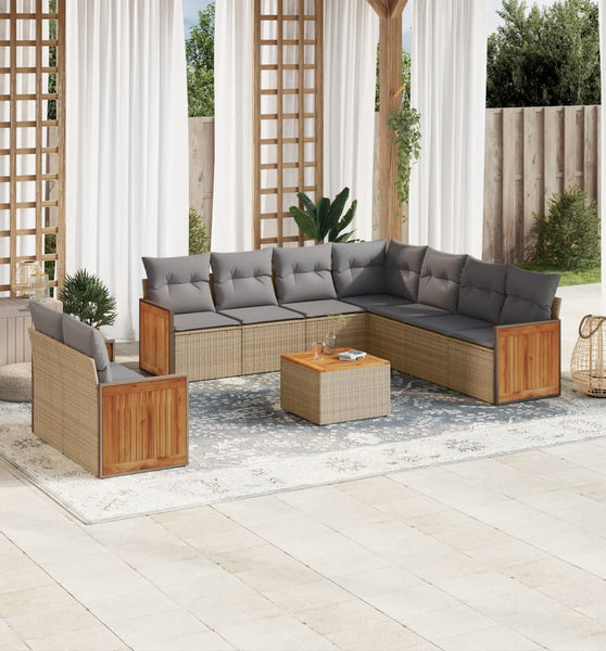 10-tlg. Garten-Sofagarnitur mit Kissen Beige Poly Rattan