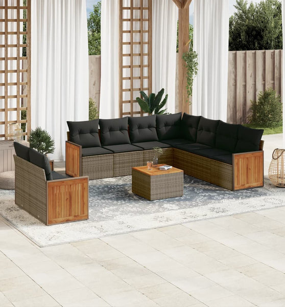 10-tlg. Garten-Sofagarnitur mit Kissen Grau Poly Rattan