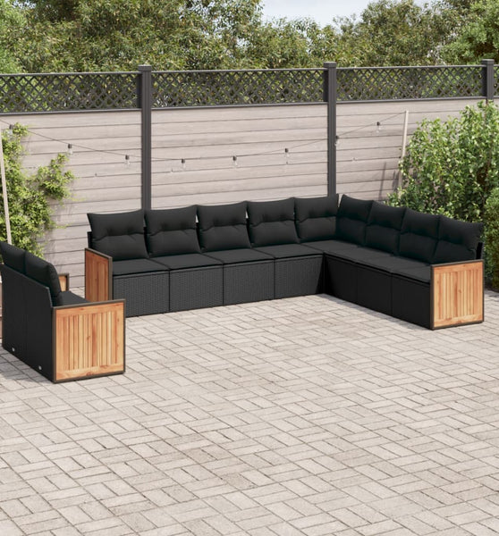 10-tlg. Garten-Sofagarnitur mit Kissen Schwarz Poly Rattan
