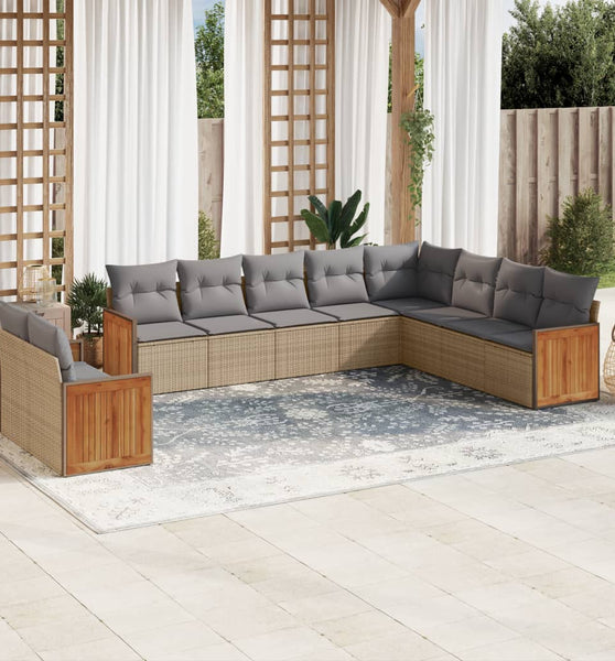 10-tlg. Garten-Sofagarnitur mit Kissen Beige Poly Rattan