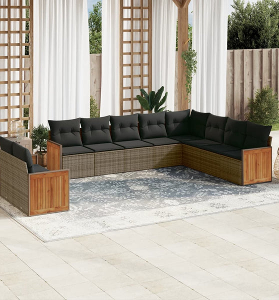 10-tlg. Garten-Sofagarnitur mit Kissen Grau Poly Rattan