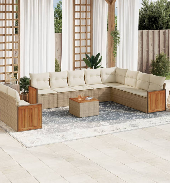 11-tlg. Garten-Sofagarnitur mit Kissen Beige Poly Rattan