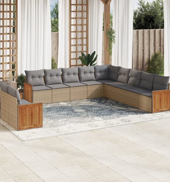 11-tlg. Garten-Sofagarnitur mit Kissen Beige Poly Rattan