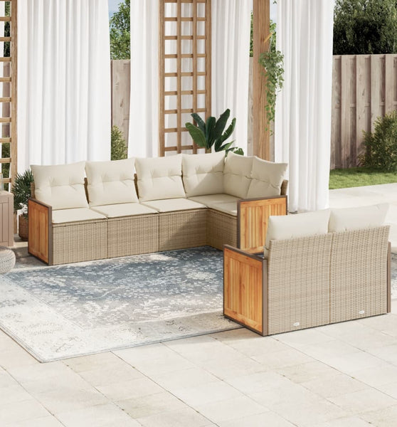 7-tlg. Garten-Sofagarnitur mit Kissen Beige Poly Rattan
