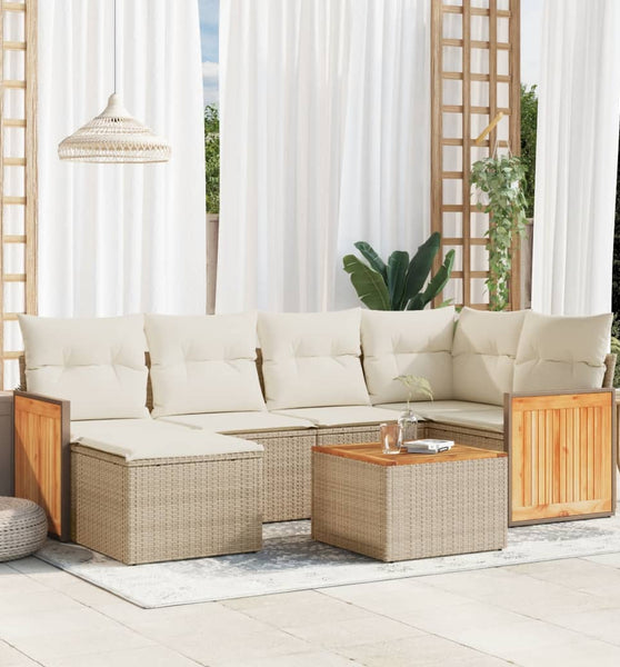 7-tlg. Garten-Sofagarnitur mit Kissen Beige Poly Rattan