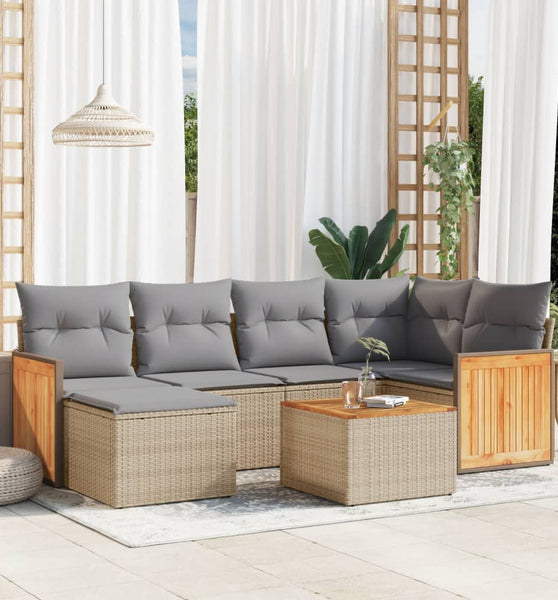 7-tlg. Garten-Sofagarnitur mit Kissen Beige Poly Rattan