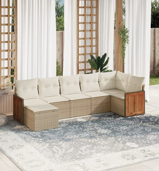 7-tlg. Garten-Sofagarnitur mit Kissen Beige Poly Rattan