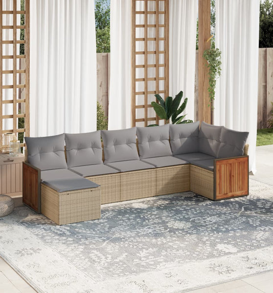 7-tlg. Garten-Sofagarnitur mit Kissen Beige Poly Rattan