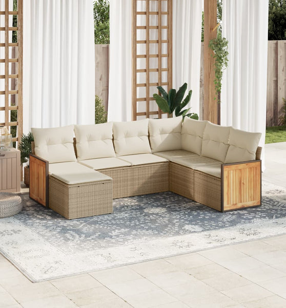 7-tlg. Garten-Sofagarnitur mit Kissen Beige Poly Rattan