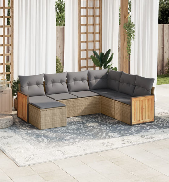 7-tlg. Garten-Sofagarnitur mit Kissen Beige Poly Rattan
