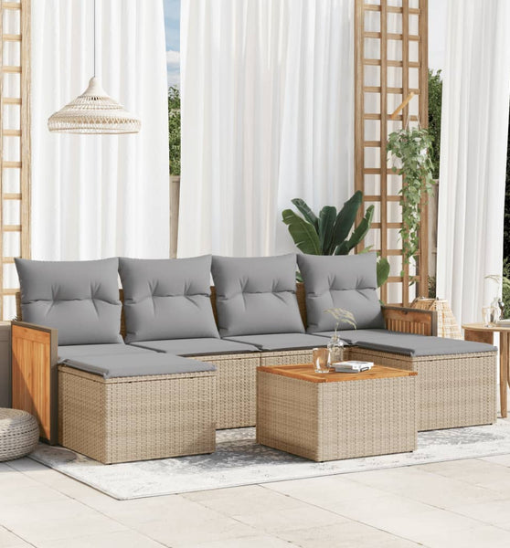 7-tlg. Garten-Sofagarnitur mit Kissen Beige Poly Rattan