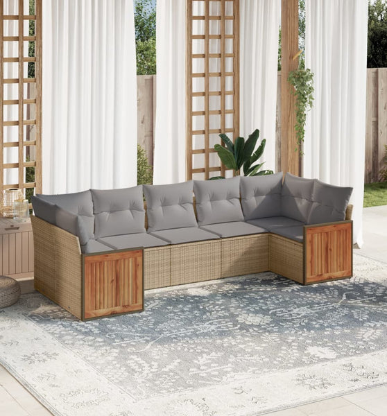 7-tlg. Garten-Sofagarnitur mit Kissen Beige Poly Rattan