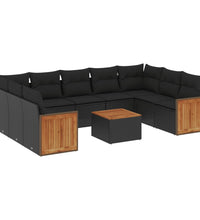 10-tlg. Garten-Sofagarnitur mit Kissen Schwarz Poly Rattan