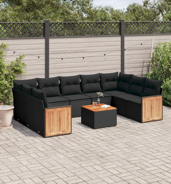 10-tlg. Garten-Sofagarnitur mit Kissen Schwarz Poly Rattan