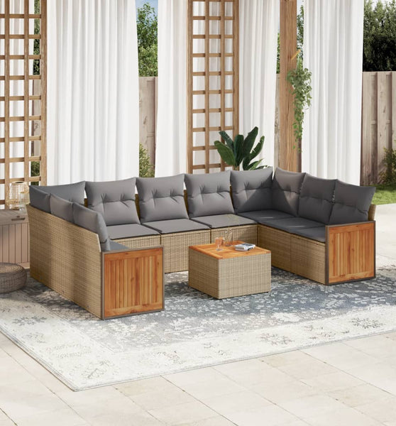 10-tlg. Garten-Sofagarnitur mit Kissen Beige Poly Rattan