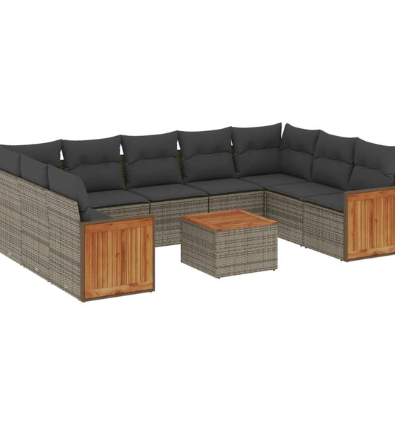 10-tlg. Garten-Sofagarnitur mit Kissen Grau Poly Rattan